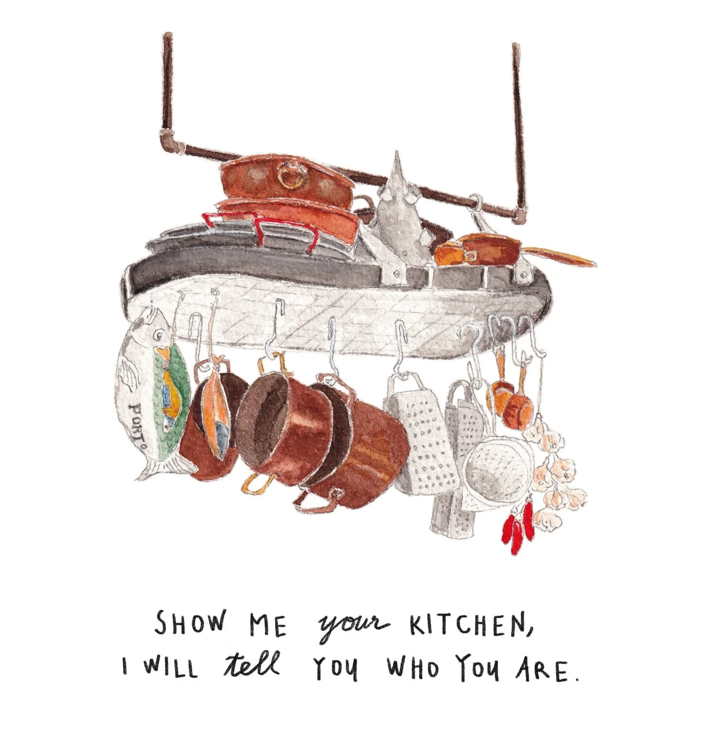 I was recently commissioned to illustrate vignettes of a beautiful home. Before visiting, I received some photos from the owner and was immediately drawn to the kitchen. A wonderfully busy kitchen, filled with practical and sentimental objects, one t