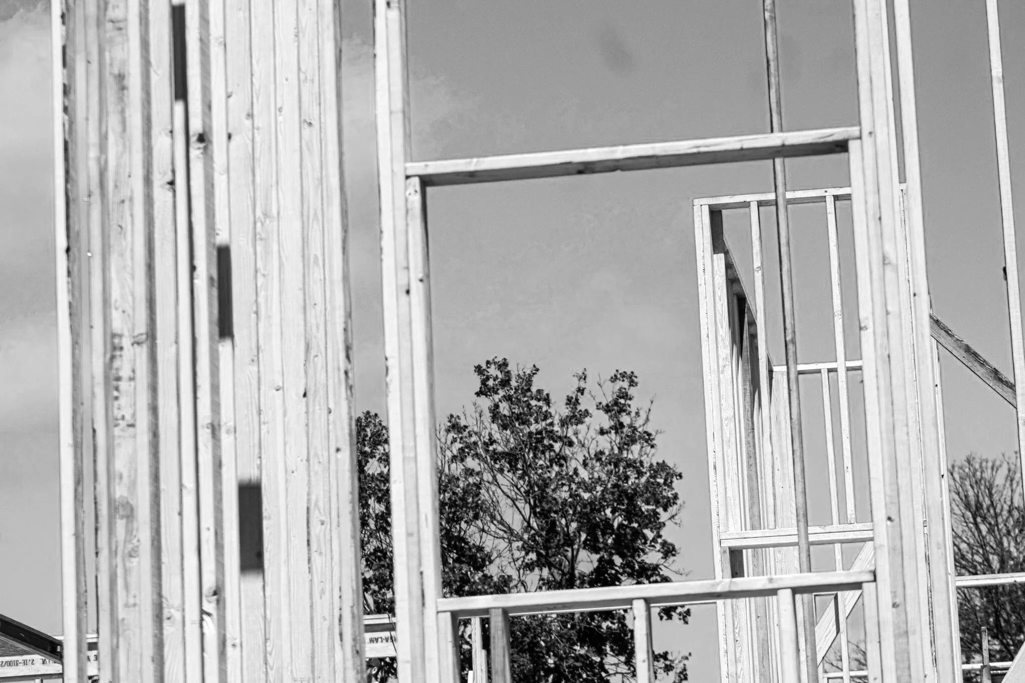 Black-and-white photo of a building under construction with wooden framing and trees in the background.