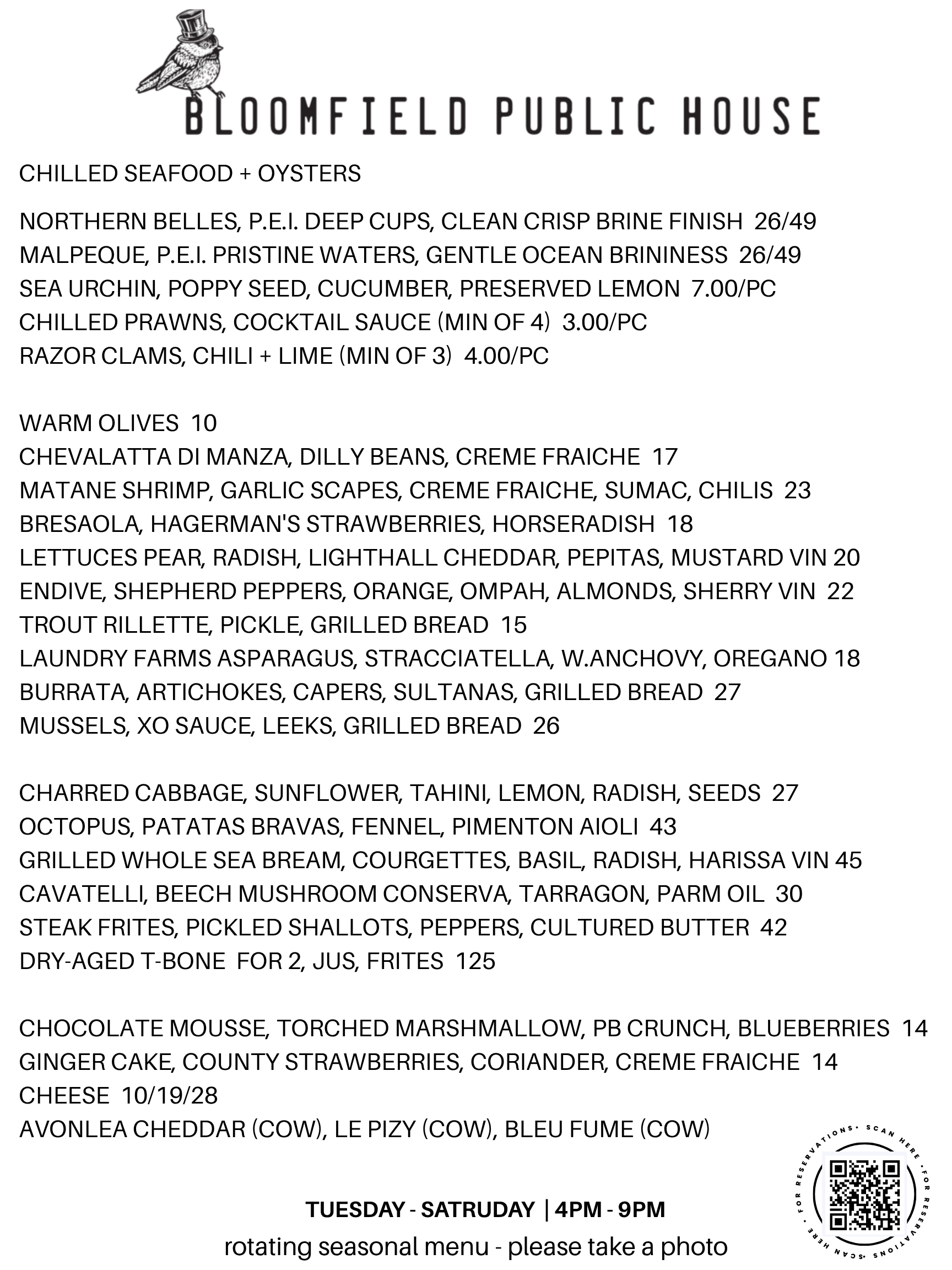 Menu — BLOOMFIELD PUBLIC HOUSE