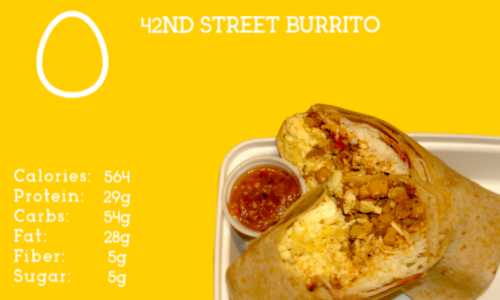 Scrambled eggs, bacon, corn relish, and cotija cheese in a honey wheat tortilla. Served with house salsa