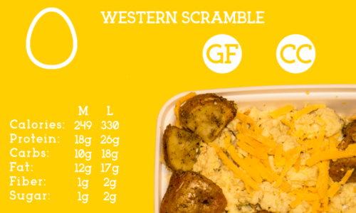 Diced peppers, ham, onions, and tomatoes all scrambled up with herb roasted potatoes and topped with cheddar cheese.