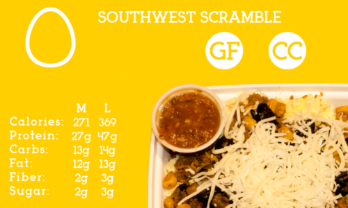 Scrambled eggs topped with southwest ground bison, corn and black bean relish, and cotija cheese. Served with house salsa on the side