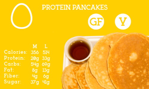 Low-fat, protein packed, gluten free pancakes served with a side of agave syrup.