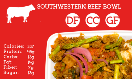 Cauliflower rice, topped with lean ground beef stewed in poblano peppers, red bell peppers, onions, asparagus, and tomatoes. Finished with southwestern spices and pickled onion.