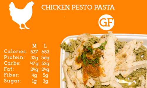Gluten free pasta in a pesto sauce with chicken and grape tomatoes sprinkled with parmesan cheese