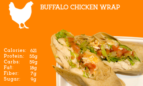 Spicy chicken breast with shredded lettuce, diced tomatoes, and mozzarella cheese drizzled with a creamy buffalo sauce on a honey wheat tortilla.