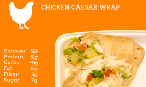 Chicken breast with romaine lettuce, parmesan cheese, & tomatoes on a honey wheat tortilla.