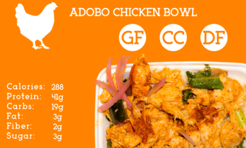 Cauliflower rice topped with stewed peppers, onions, tomatoes, asparagus and kale. Shredded chicken breast tossed in house made adobo sauce and finished with pickle onions