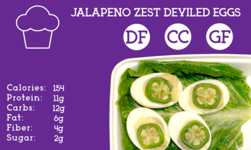 Hard boiled egg, stuffed with roasted jalapeño hummus topped with a slice of jalapeño.