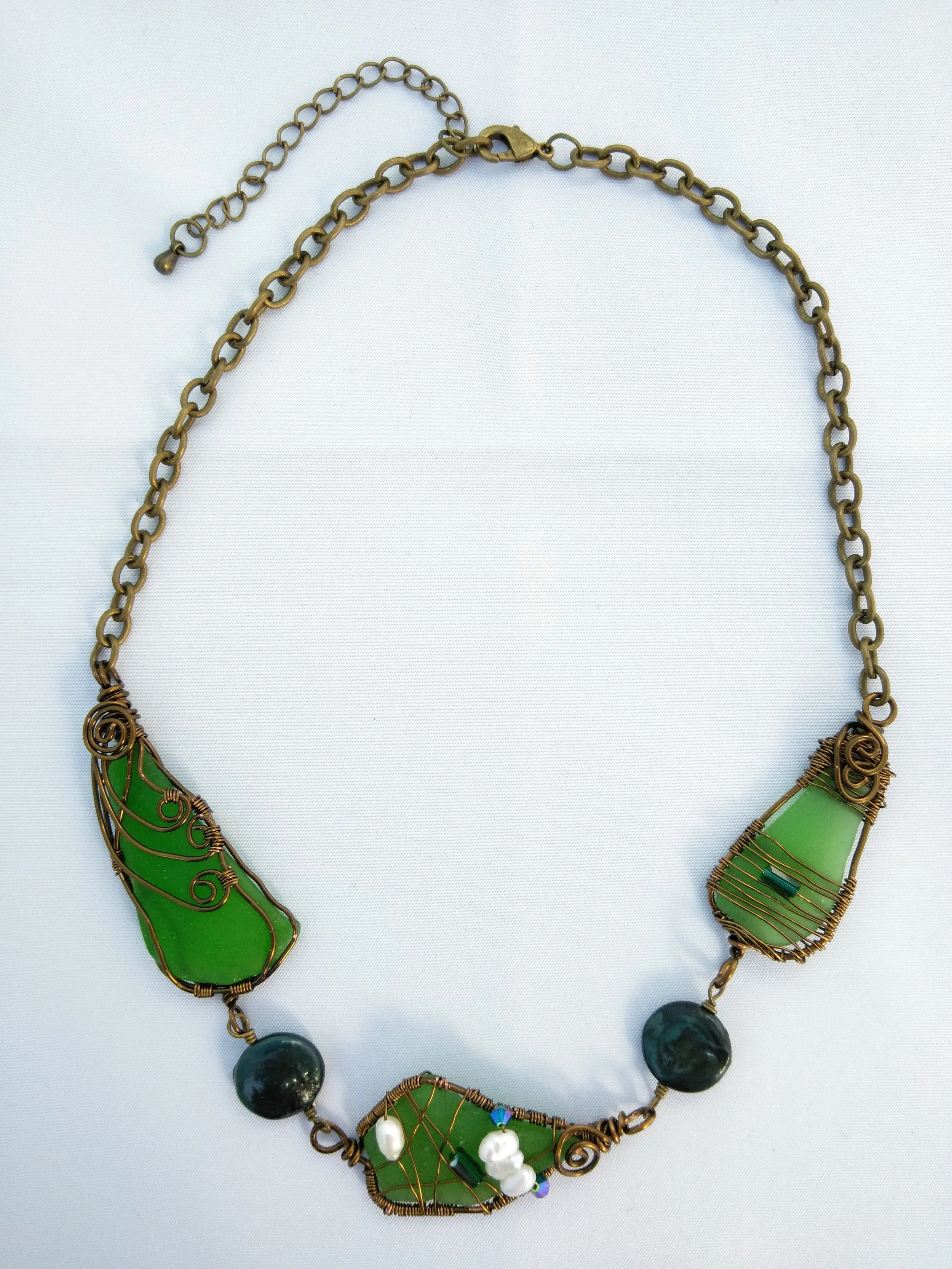 "Claritey" Green Seaglass and Pearl Necklace