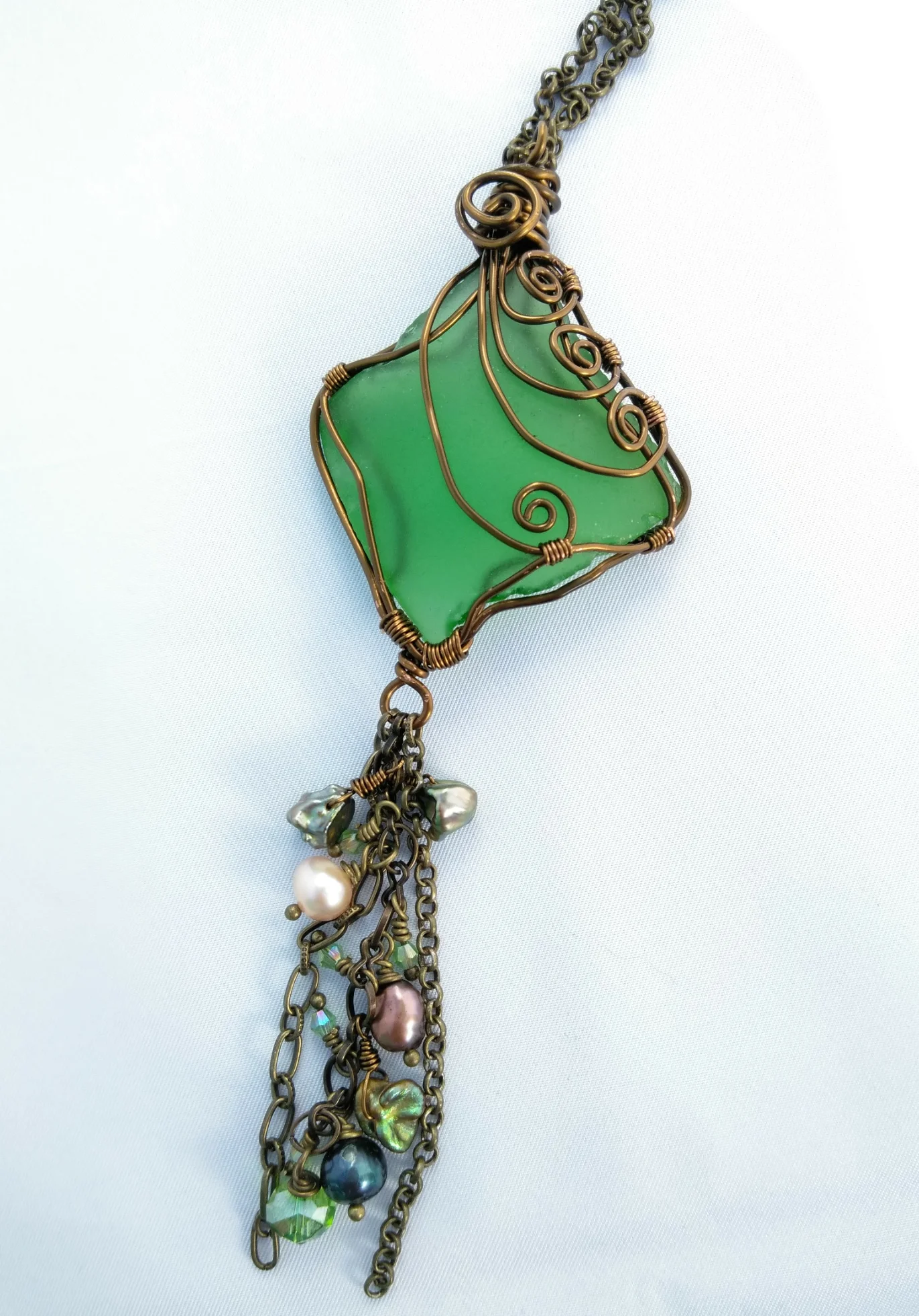 "Elizabeth" Long Green Seaglass, Pearl and Crystal Necklace- Redemption Collection