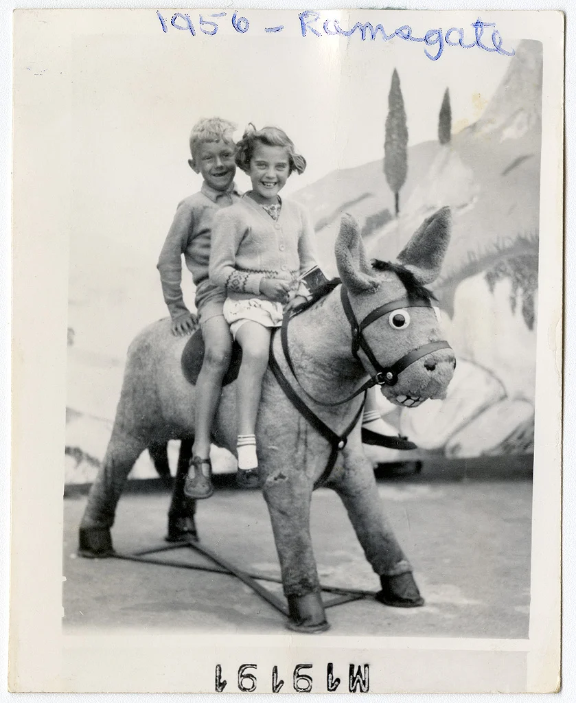 Juliette Baker (nee Stupples) and unknown boy on Sunbeam donkey at Ramsgate, Kent. 1956. ©Juliette Baker