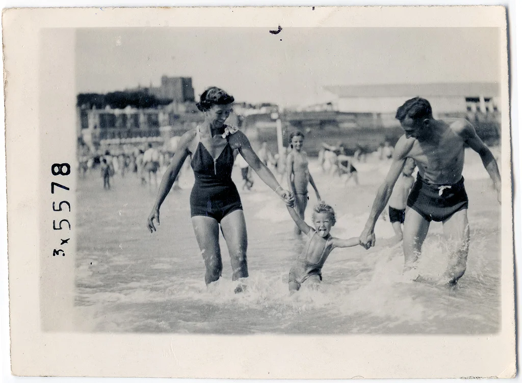 Louie Stafford, Marian Stafford and Eddie Stafford in the sea at Broadstairs beach. ©Pamela Stafford