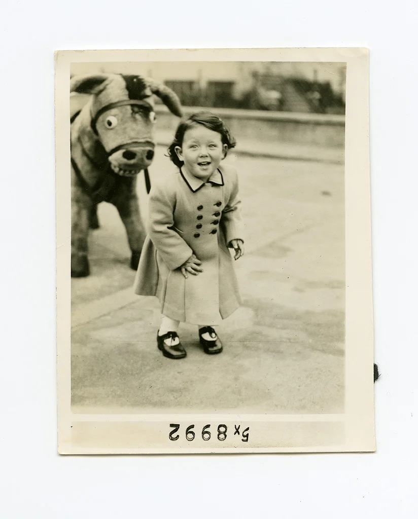 Jean Lynda Woollard (maiden name Thirkettle) with Sunbeam donkey. Taken at Broadstairs, Summer 1953. ©Jean Lynda Woollard