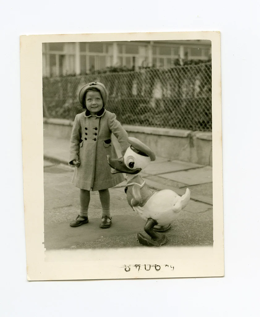 Jean Lynda Woollard (maiden name Thirkettle) with Sunbeam Donald Duck. Taken at Broadstairs, by The Albion Hotel, 1954. ©Jean Lynda Woollard