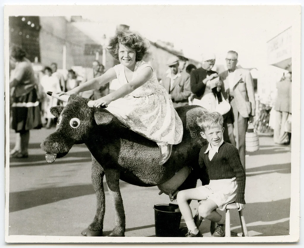 Susan Rabbatts and Peter Rabbatts on Sunbeam cow, at Ramsgate seafront. ©Peter Rabbats