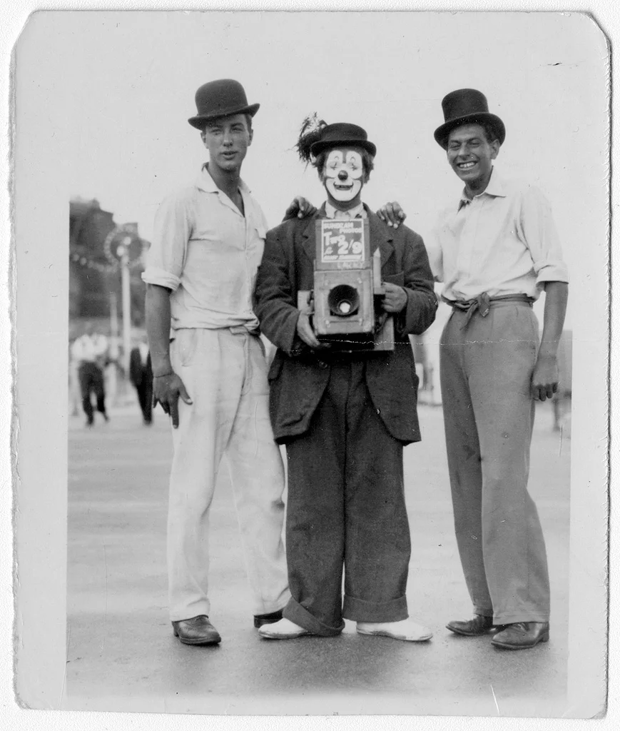 Peter Edward West, Sunbeam photographer (right) with Smokey the Clown at Ramsgate 1955. ©Vicki Wood ©SEAS Photography