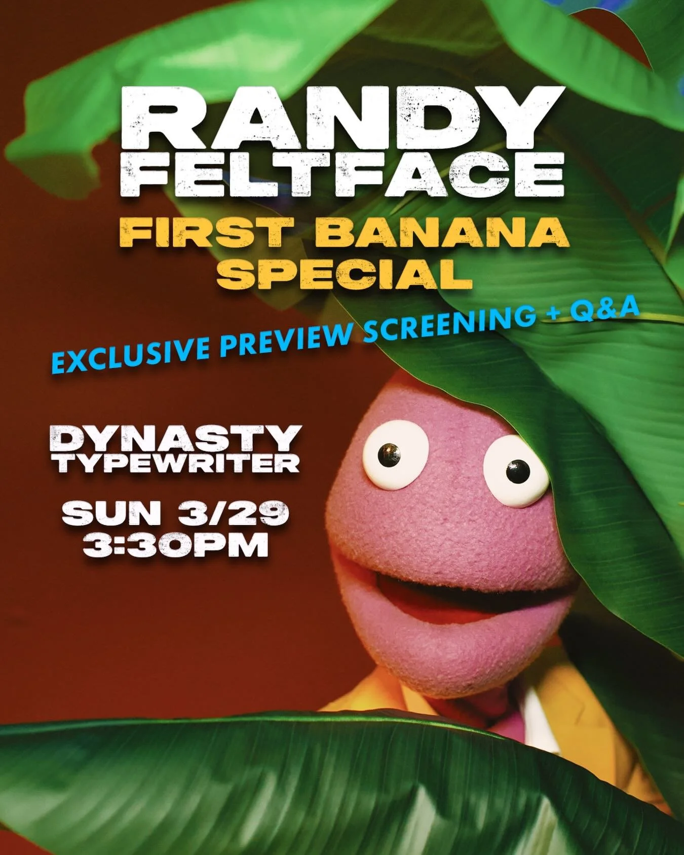 🍇🟣🌂 SUNDAY 3/29 AT 3:30PM 🌂🟣🍇
Two years ago, RANDY FELTFACE debuted FIRST BANANA at Dynasty&hellip; then took it on a world tour before filming the special in New York.
Now the banana returns to its tree.
🍌 Exclusive pre-release screening
🍌 Q