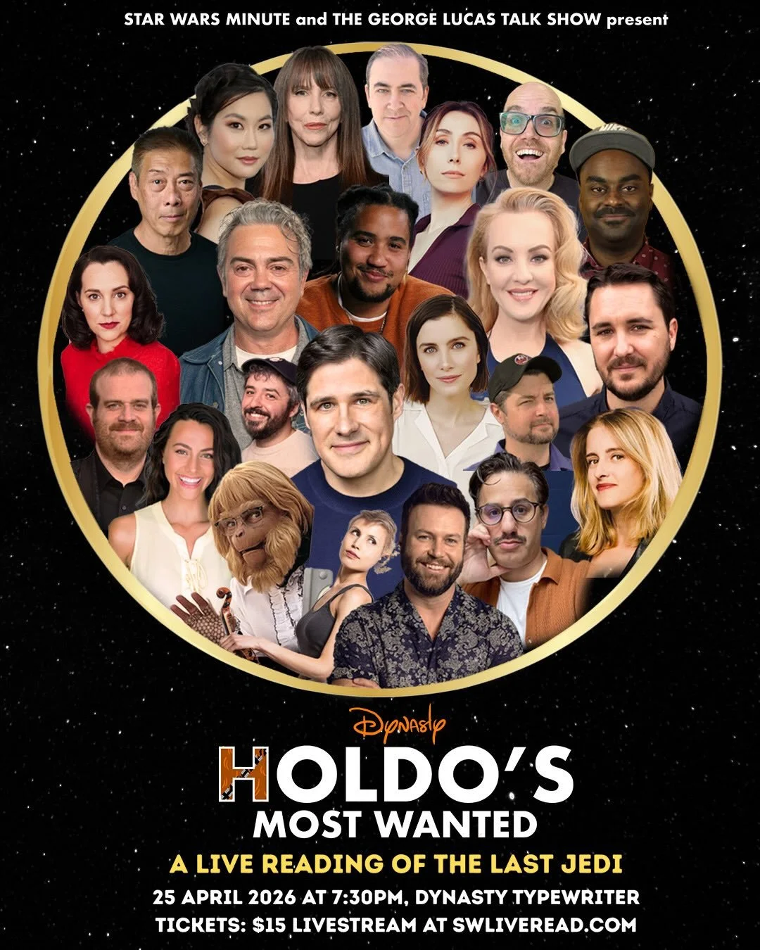 This Saturday, April 25 at @dynastytypewriter: HOLDO&rsquo;S MOST WANTED, a live reading of Star Wars: Episode 8: The Last Jedi.

Grab a livestream ticket, they are what helps us to keep doing these! You&rsquo;re not gonna wanna miss this one!

Starr