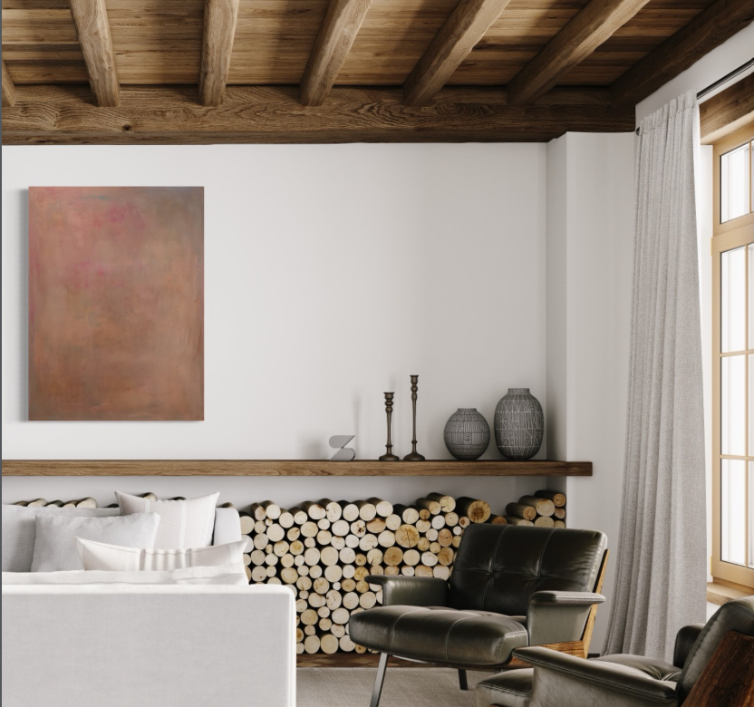 Living room with white sofa, black leather armchair, wooden ceiling beams, and a built-in log storage beneath a wall shelf with decorative vases and candles, near a large window with beige curtains.
