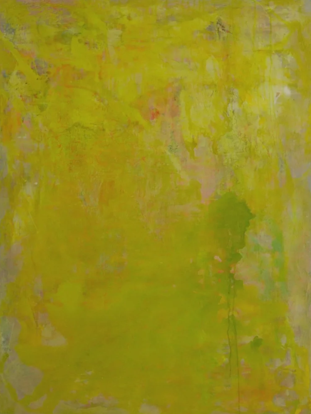 Abstract painting with predominantly yellow and light pink hues with some green and orange accents.