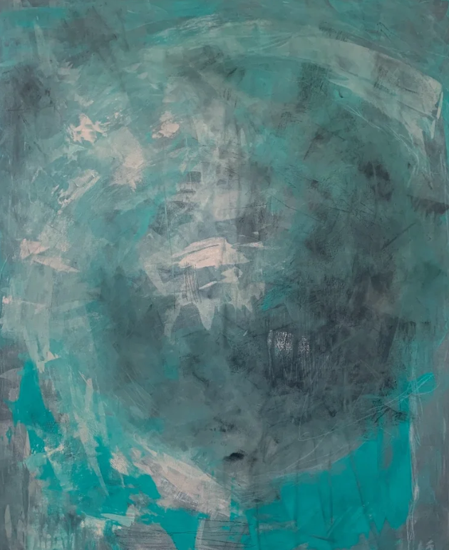 Abstract painting in shades of teal and gray with textured brushstrokes.