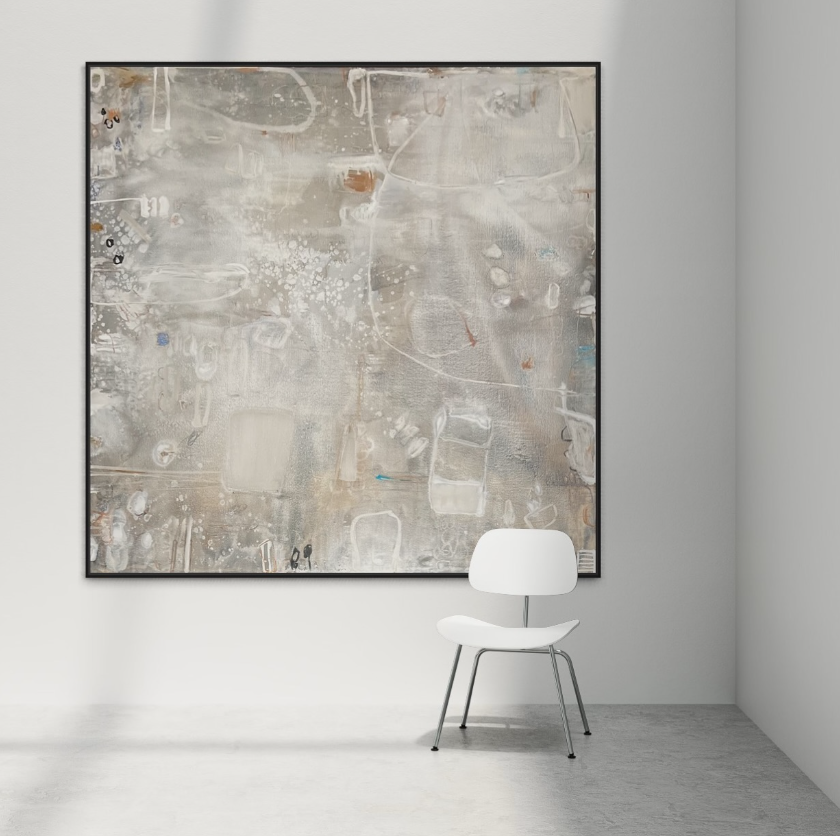 Minimalist art gallery with a large abstract painting and a modern white chair in front of it.