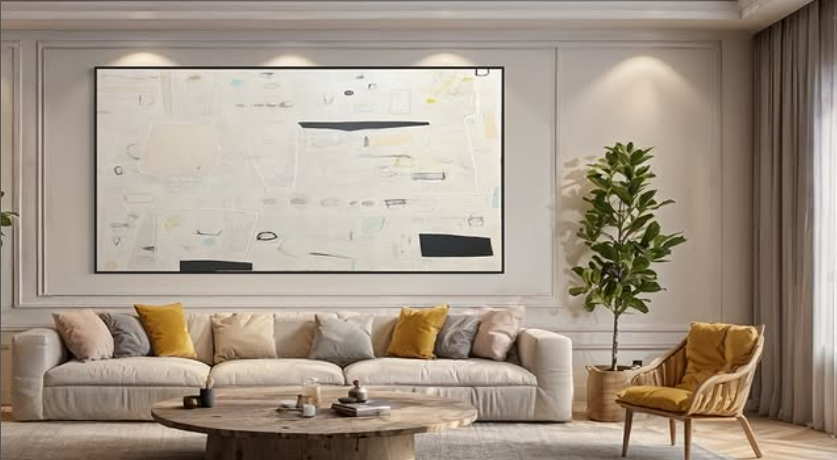 Living room with beige sofa, various colored pillows, a round wooden coffee table, a large abstract painting, a yellow armchair, and a tall green plant near window with curtains.