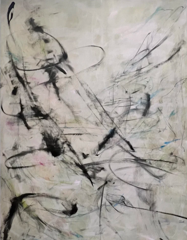 Abstract painting with black, pink, blue, and green brushstrokes on a light background.