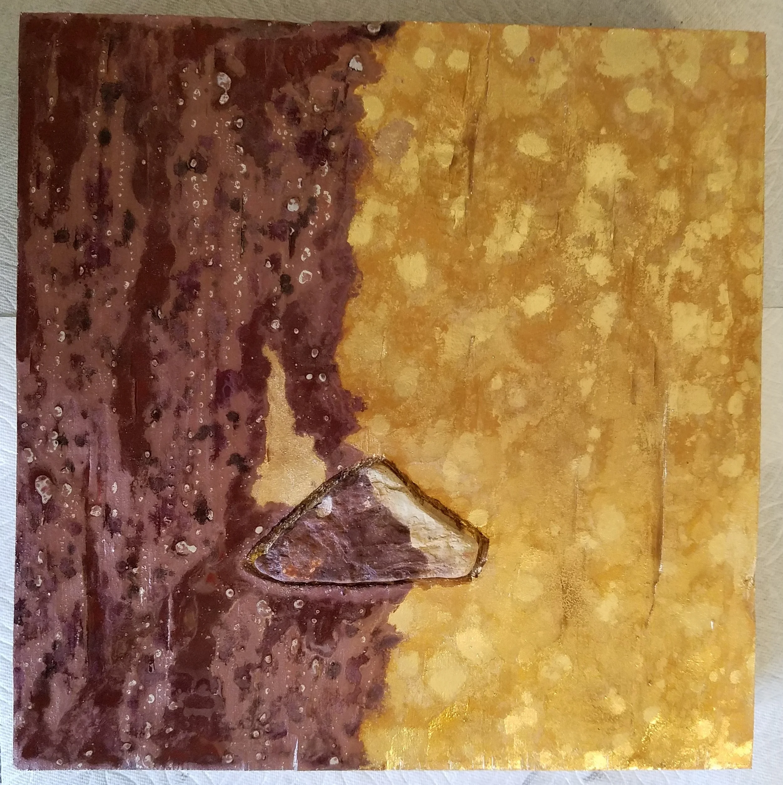 Untitled - Mixed media with stone on carved wood panel