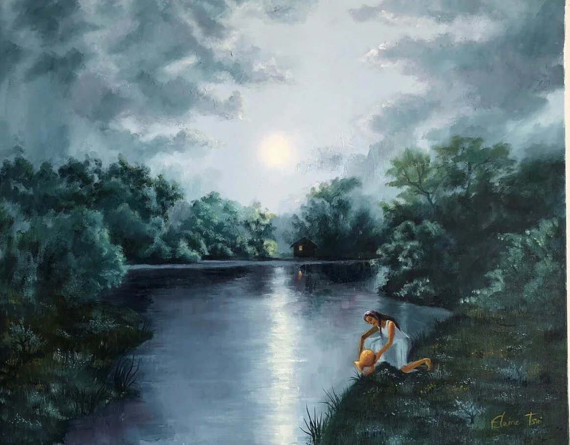 Gathering Water at Moonlit Lake