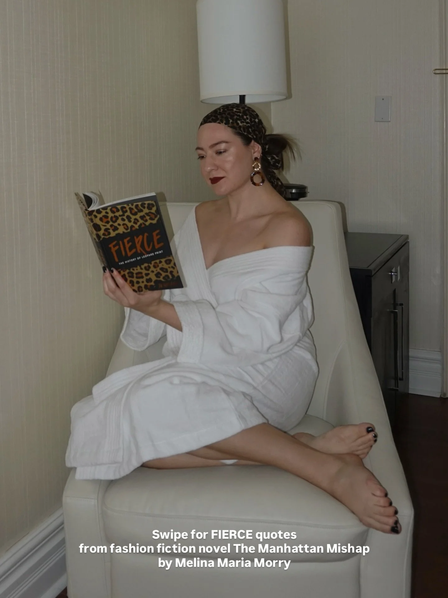 Reading in hotel rooms is so glam!! Swipe for four fierce quotes from fashion fiction novel The Manhattan Mishap by yours truly Melina Maria Morry 🐆 #fashionfiction