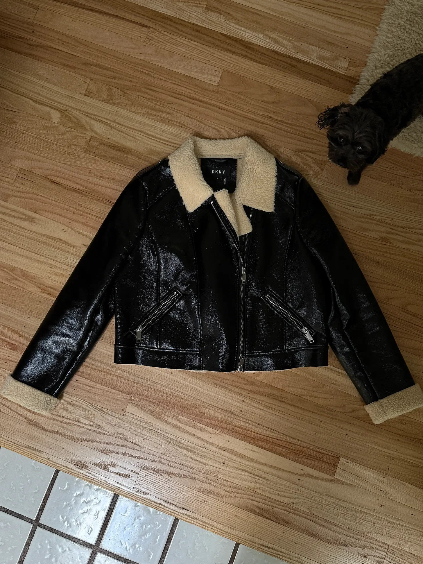 A thrifted DKNY shearling jacket found at Goodwill's The Loft