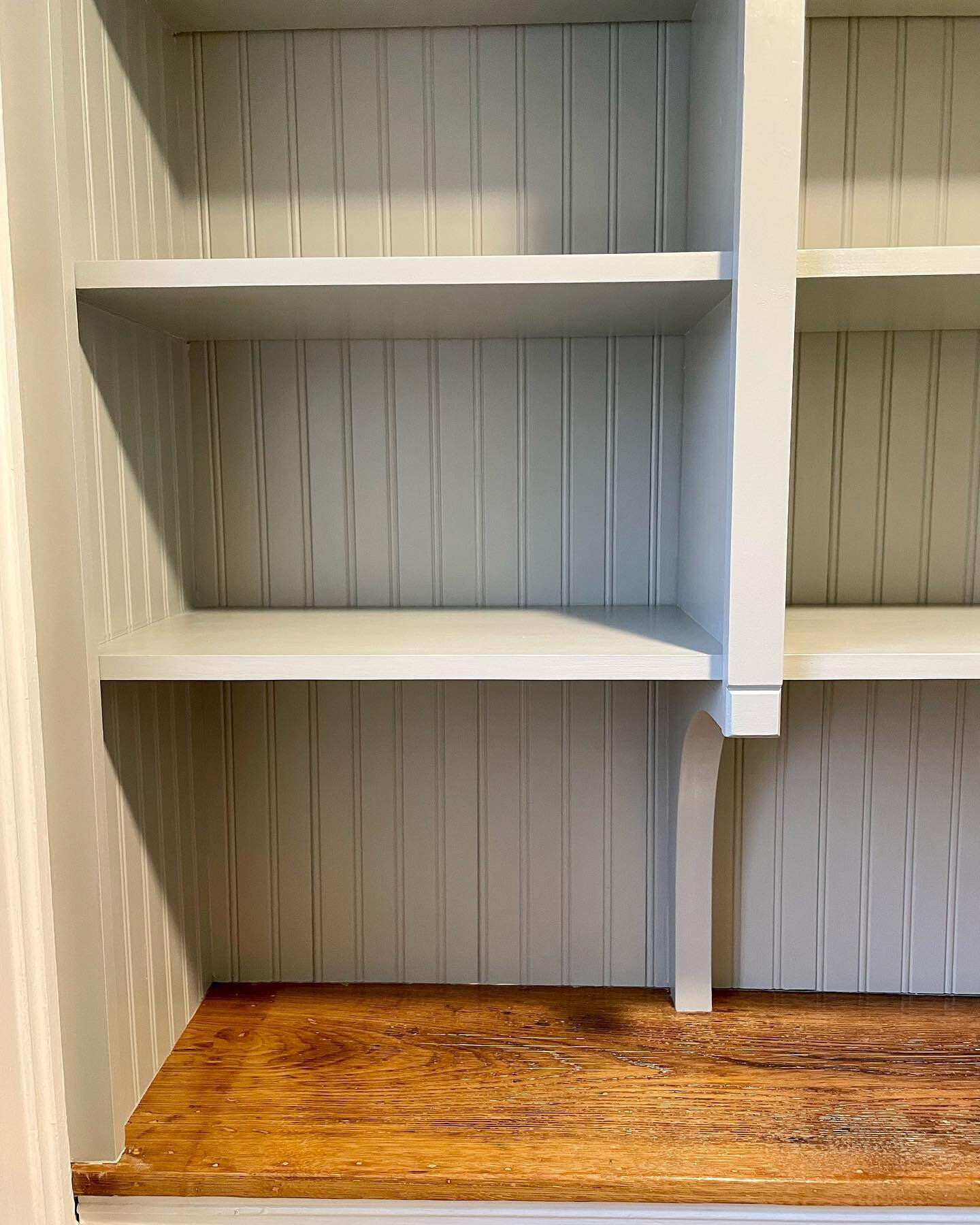 New pantry! There were a few white shelves here and we have been planning a redesign for a while. The oak shelf is original (100+ years!) and was surprisingly only covered in 2 coats of paint. 3 coats of oil based poly on that and 2 coats of Benjamin