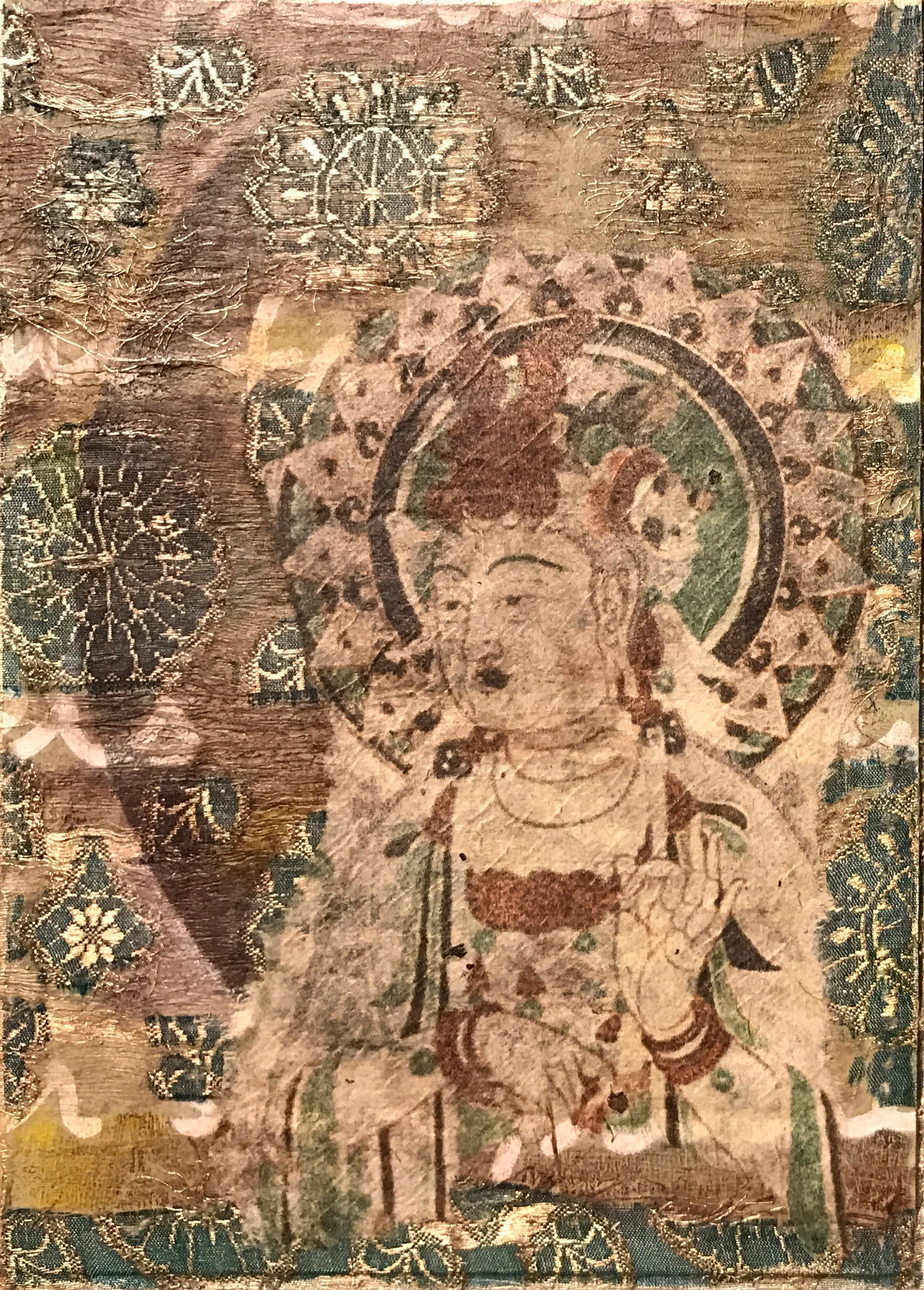 Collage of paper, acrylic, silk textile, image transfer on handmade paper, cold wax.