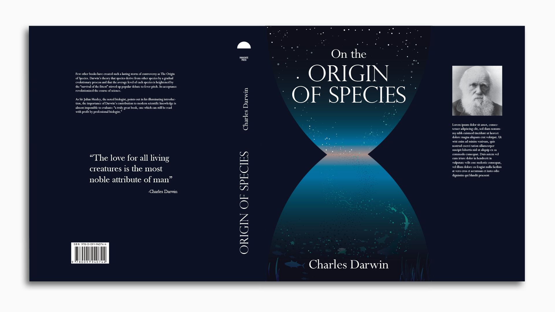 The full cover design, complete with a great and grizzly picture of Darwin himself.