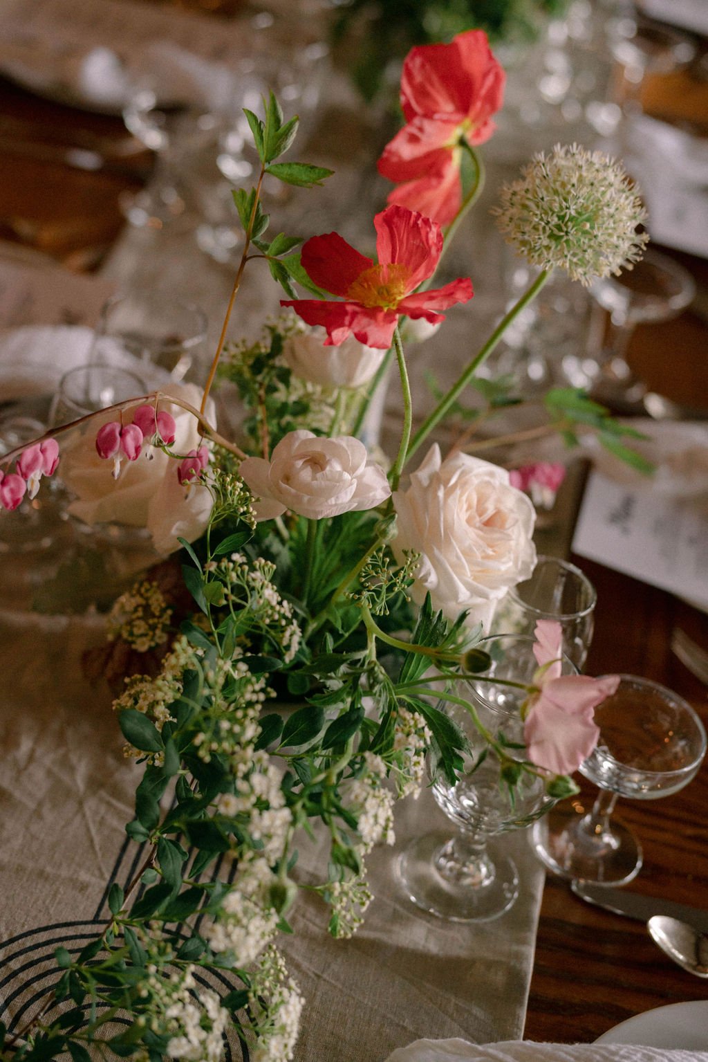 Maine Wedding Table Centerpiece with Poppy and Bleeding Heart