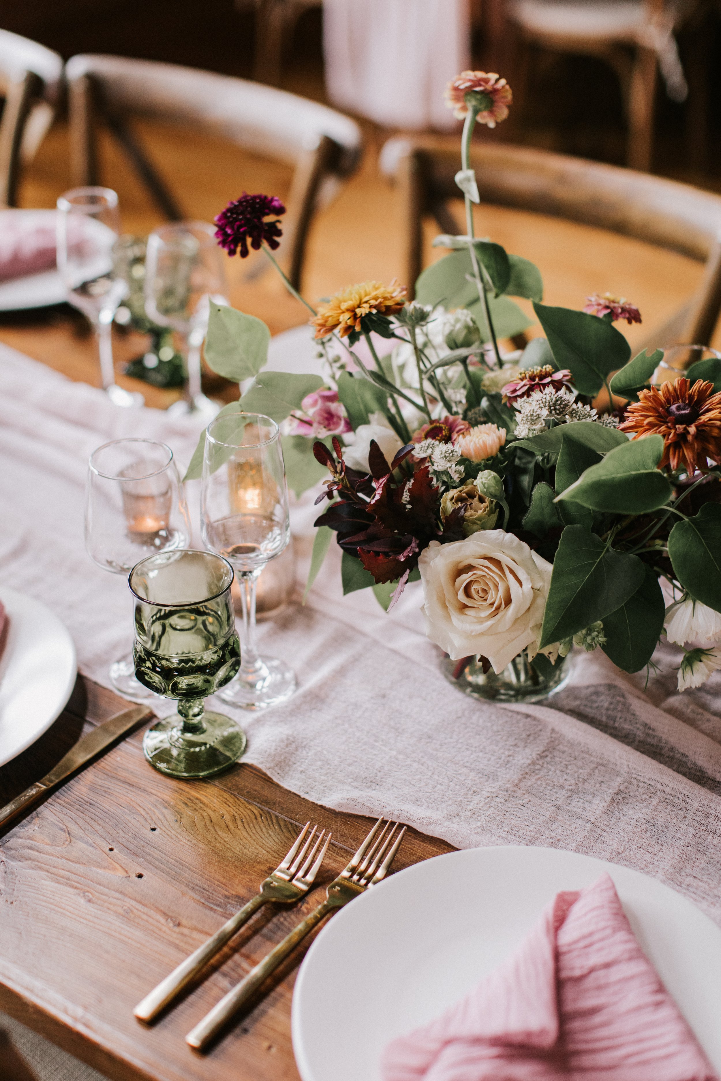Playful Table Centerpiece Featuring Maine's Finest Blooms