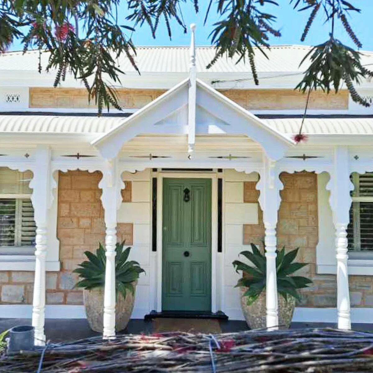 How beautiful is this full restoration to an 80 year old cricket bat door. This was a labour of love as we striped the door back to bare timber and refinished with @porterspaints Bayleaf.⁠⁠
⁠⁠
Paired with a full exterior restoration this project made
