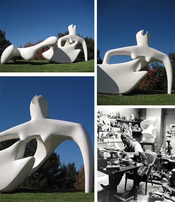"Large Reclining Figure", bronze, by Henry Moore, 1984, at Denver Botanic Gardens, and photo of Moore in his studio