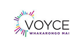 Voyce logo with colorful circular design and words 'VOYCE' and 'WHAKARONGO MAI'