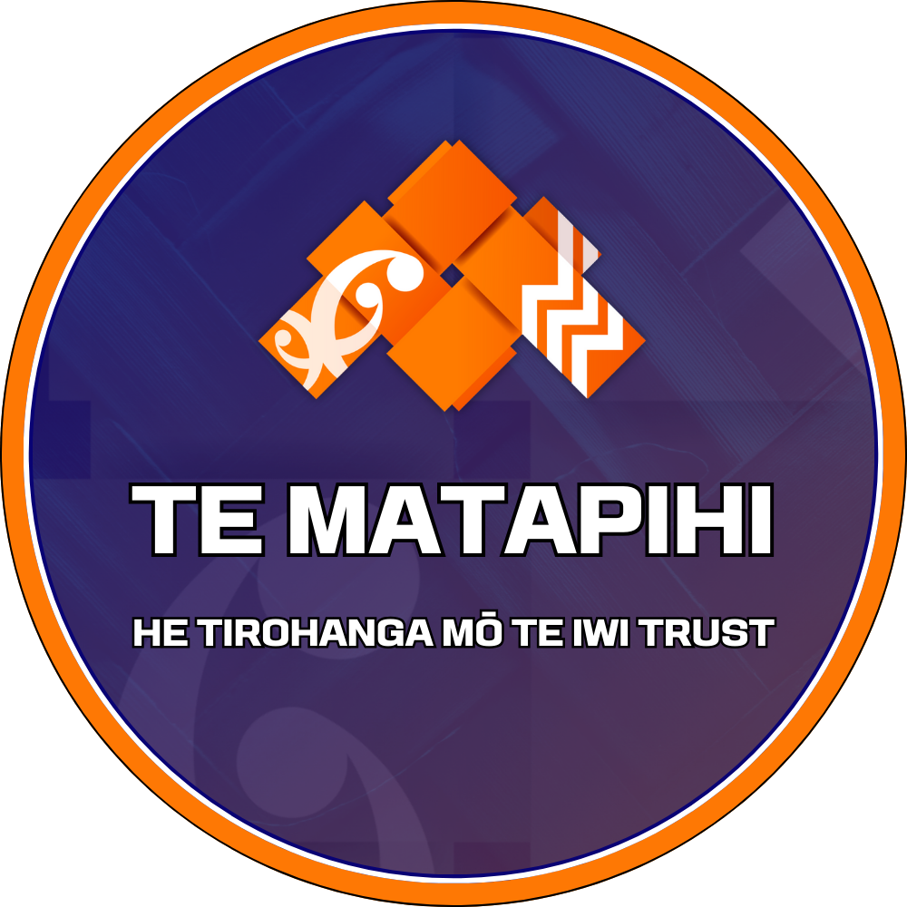 A circular logo with a dark blue background, orange border, and abstract geometric design at the top. The text in the center reads "TE MATAPIHI" with a Maori translation below, "HE TIROHANGA MŌ TE IWI TRUST."