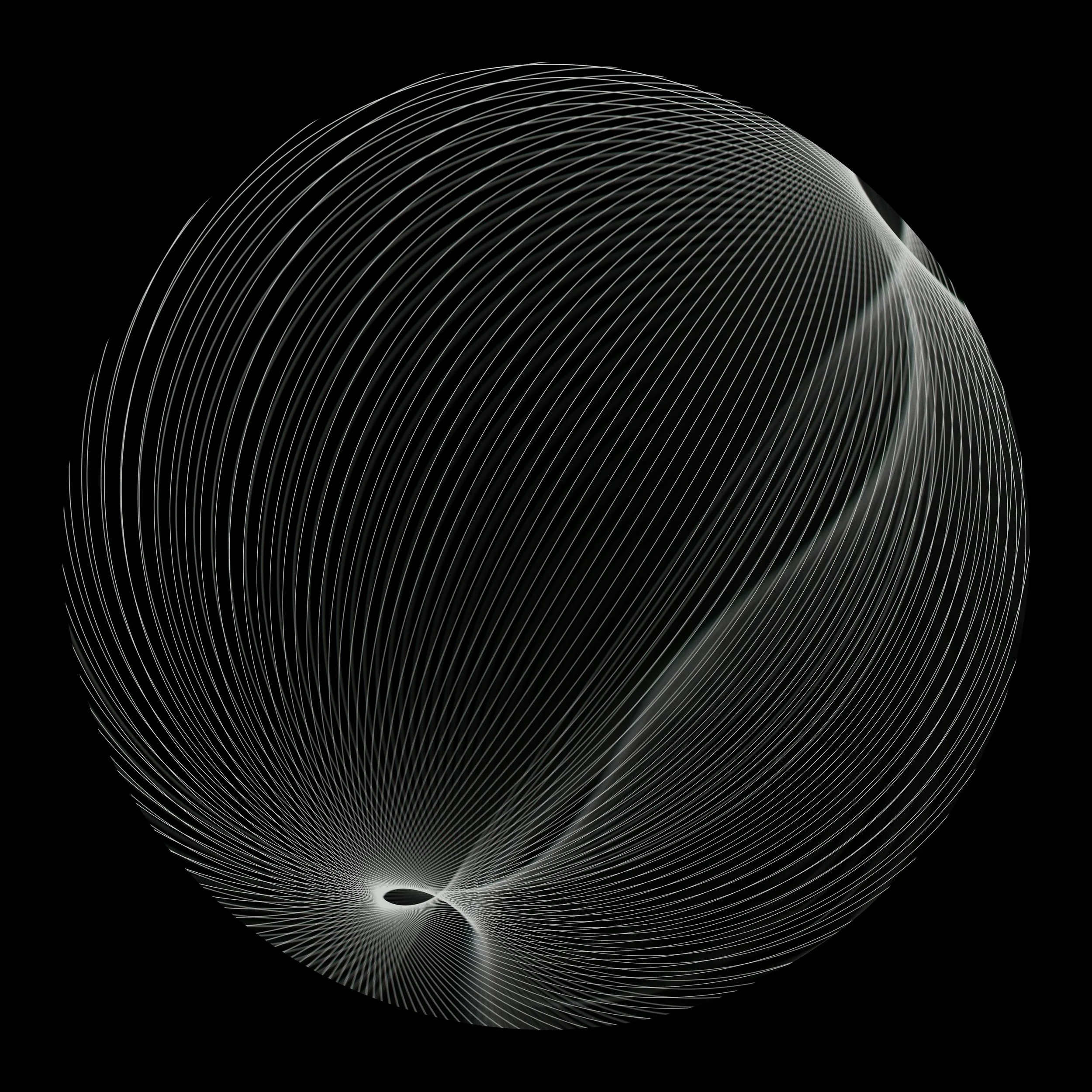 Abstract digital art of a spherical shape formed by white lines on a black background.