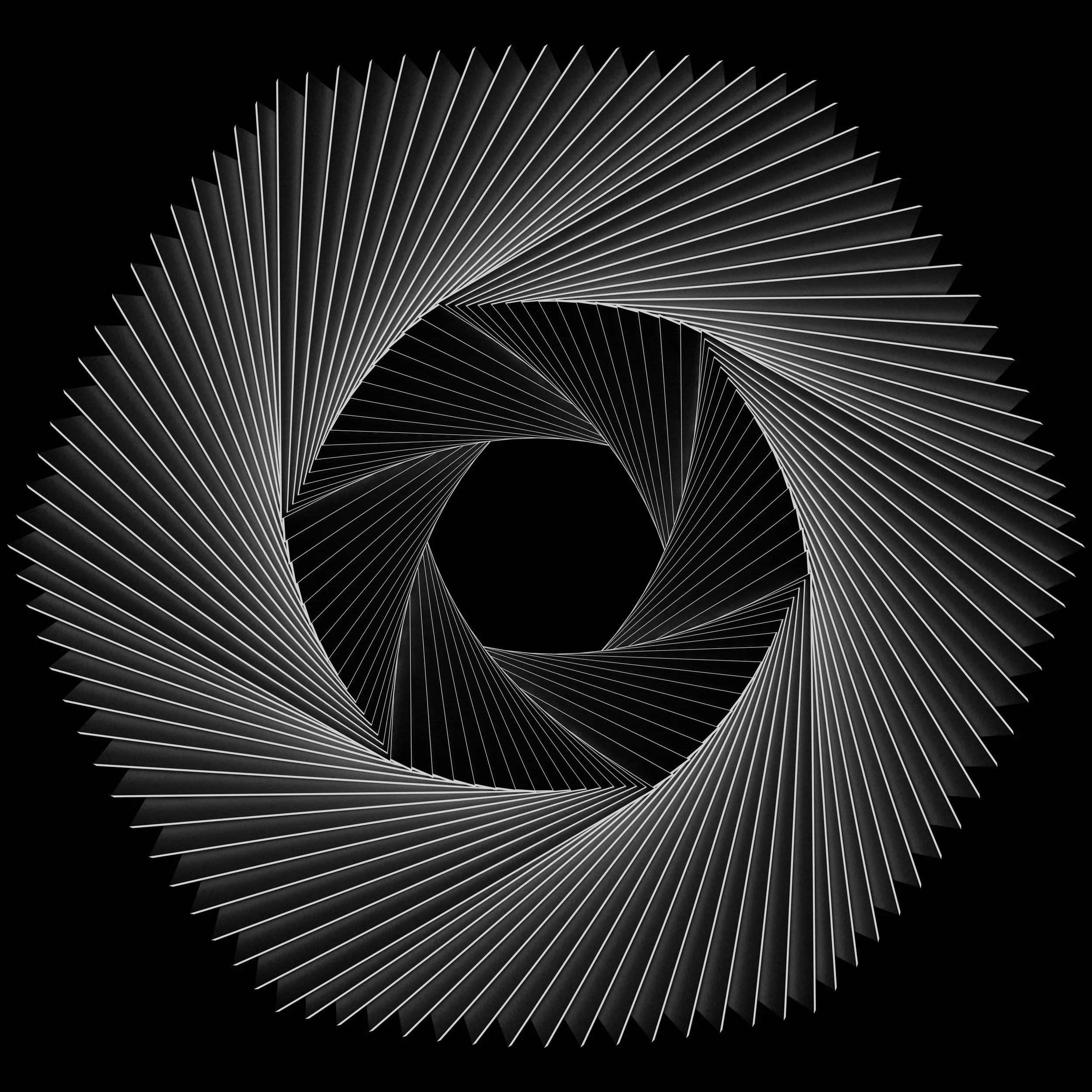 Black and white geometric abstract spiral design with radiating lines forming a circular pattern.