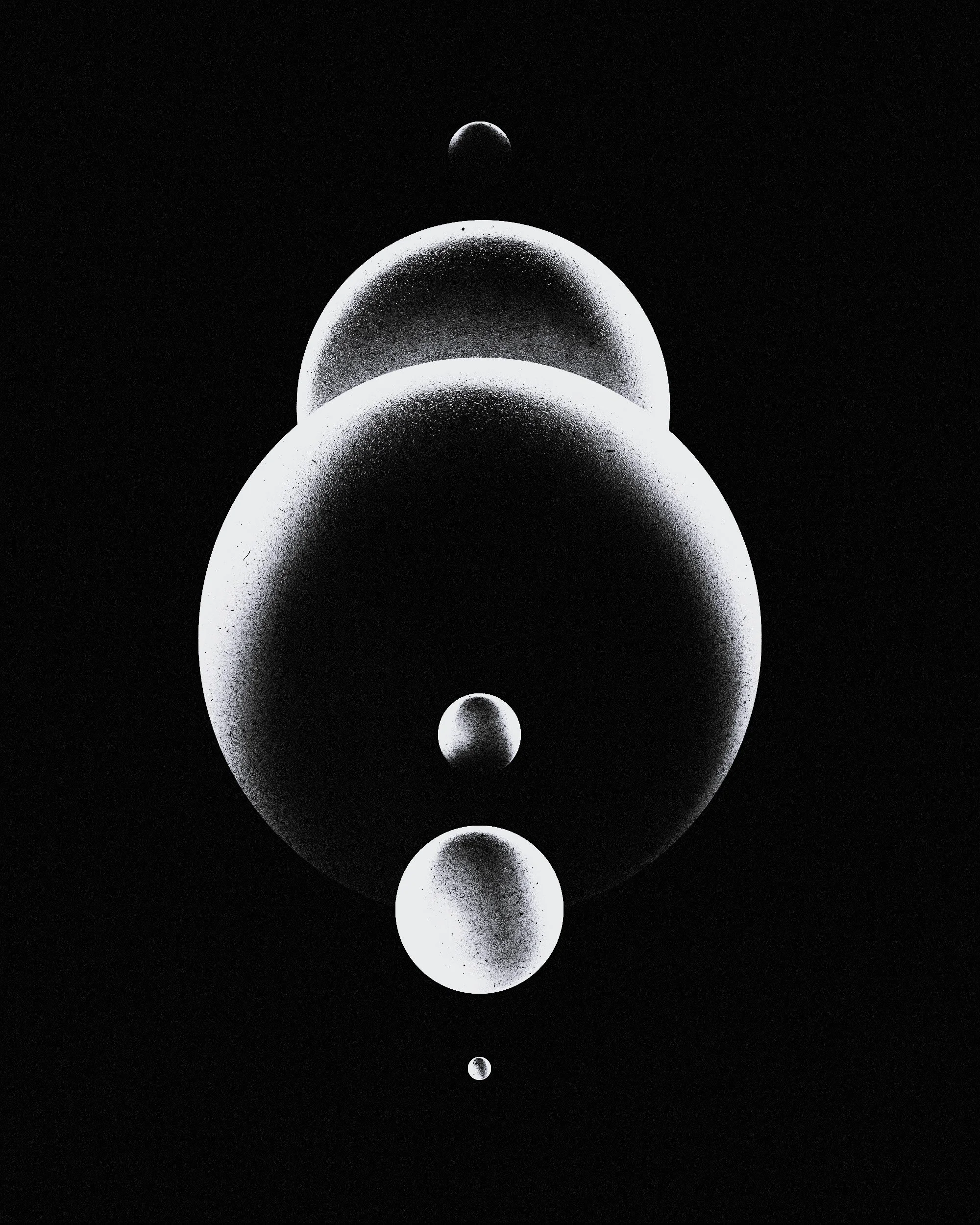 Black background with white, shaded circles of varying sizes arranged vertically, resembling planets or moons in space.