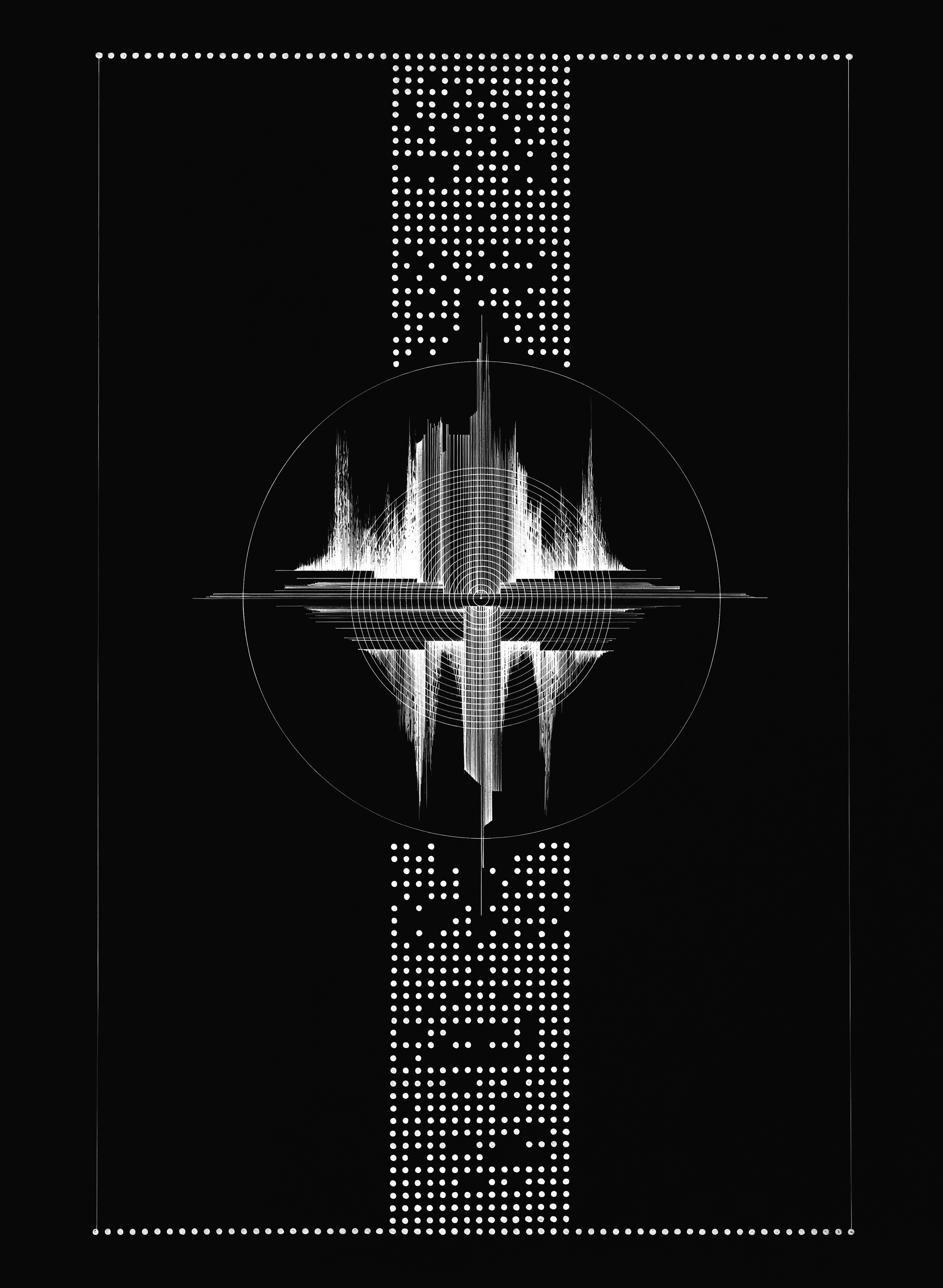 Abstract digital art with a central symmetrical waveform, vertical and horizontal lines, surrounded by dotted text and geometric patterns on a black background.