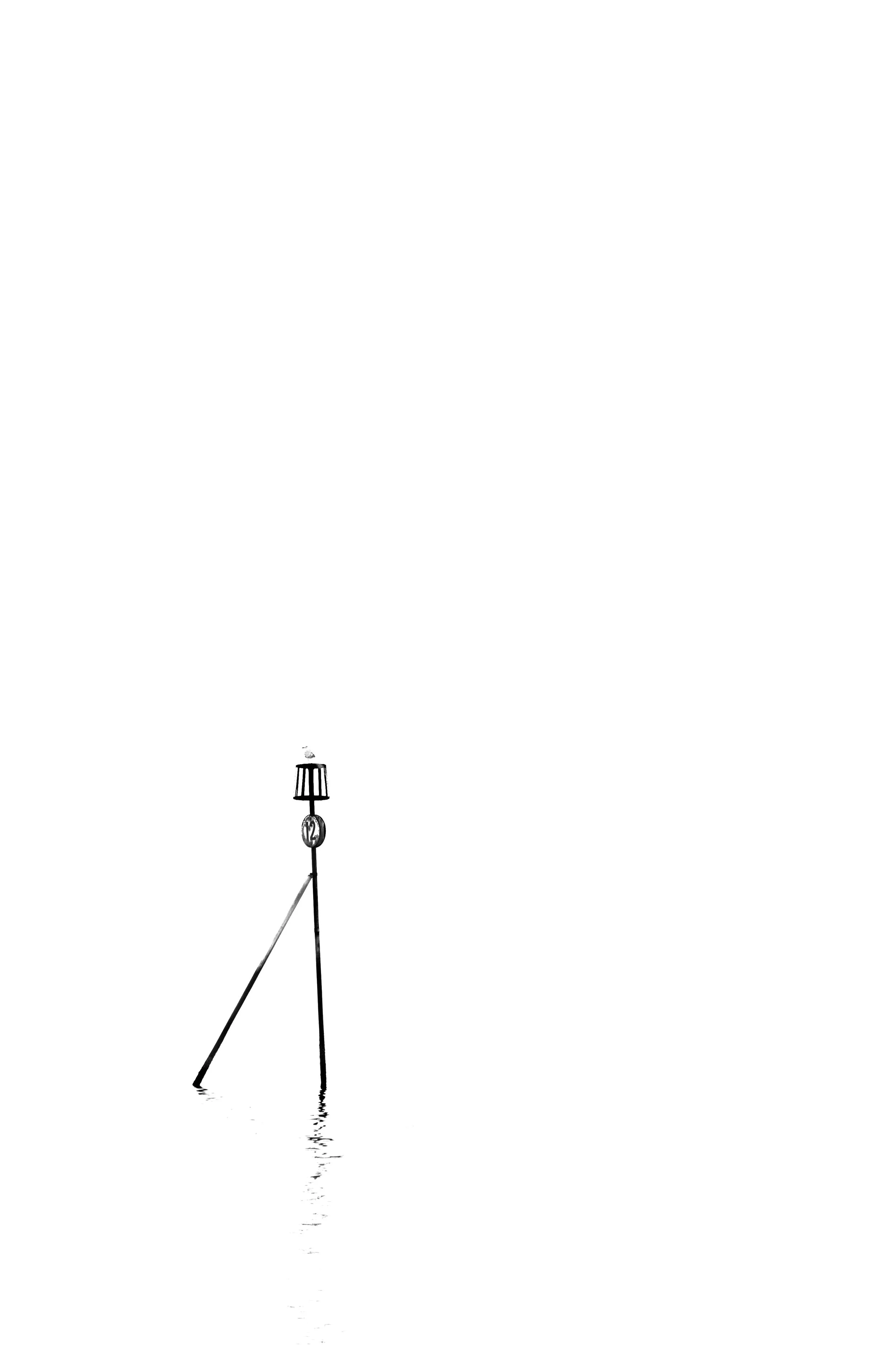 A minimal black and white digital illustration of a clock on a pole standing in water, with a small boat drifting nearby.