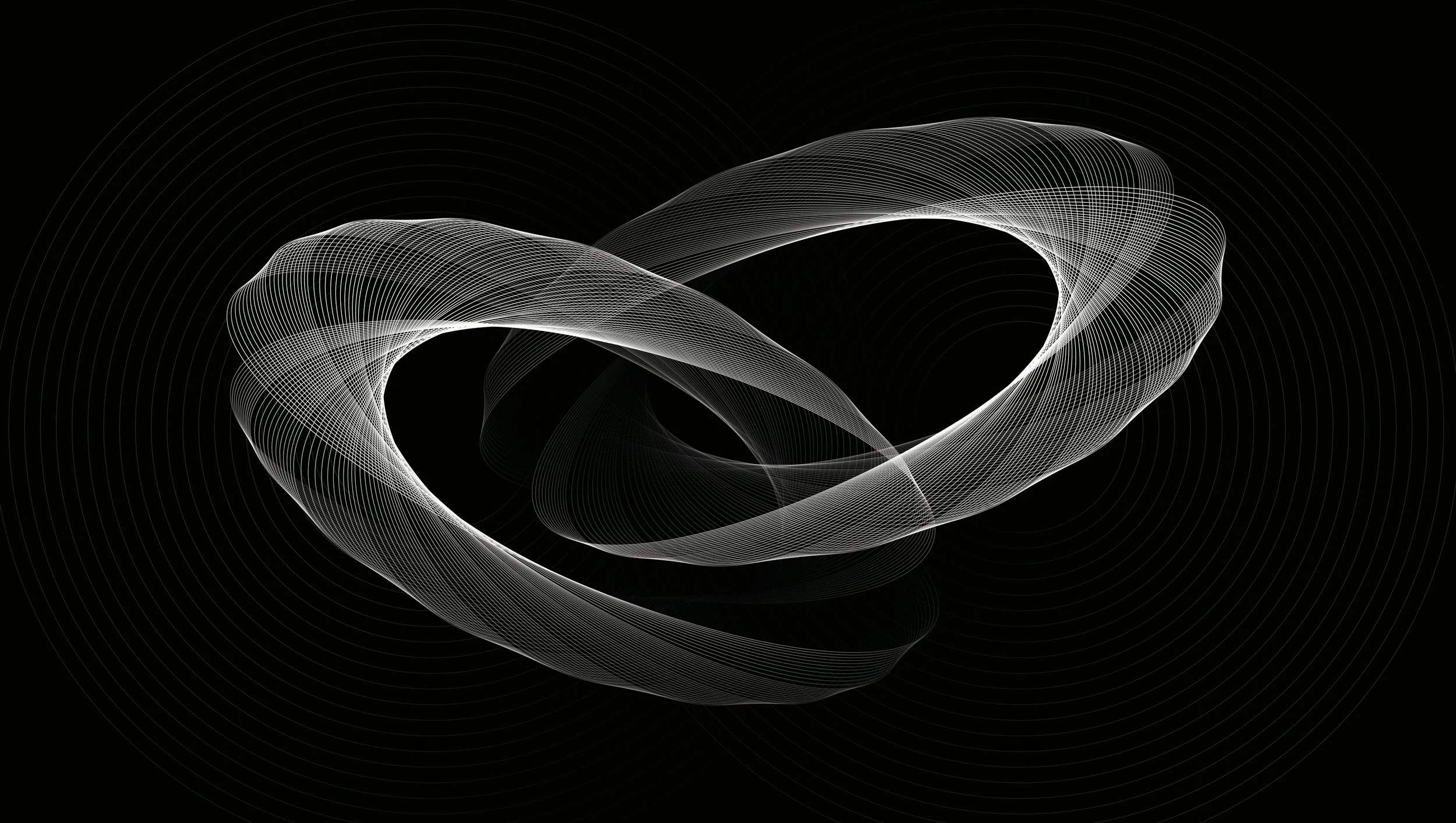 Abstract digital artwork with swirling white lines on a black background, forming a complex, flowing, symmetrical shape.