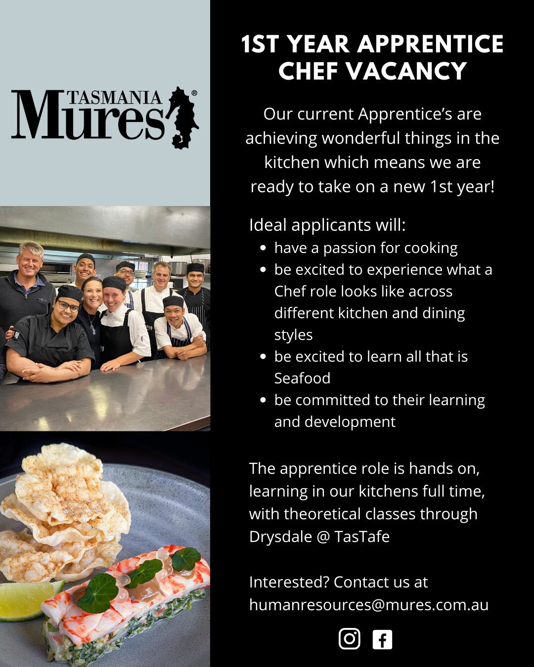 Come and join our team at Mures!
.
#MuresTasmania #MuresUpperDeck  #nowhiring #hobartjobs #hospitalityjobs #staffwanted #hospitality #seafoodrestaurant