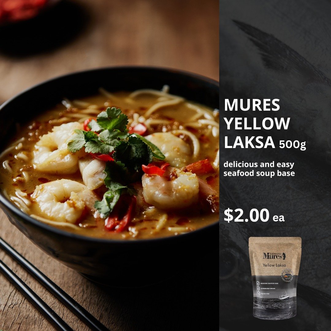 SUPER SPECIAL: Mures Yellow Laksa &amp; Mures Tom Yum 500g - only $2.00 each!!
Available from both Cambridge and Victoria Dock.
.
Made with stock from Mures own hook-caught Blue Eye Trevalla, these tasty soups form the perfect base for any seafood &a